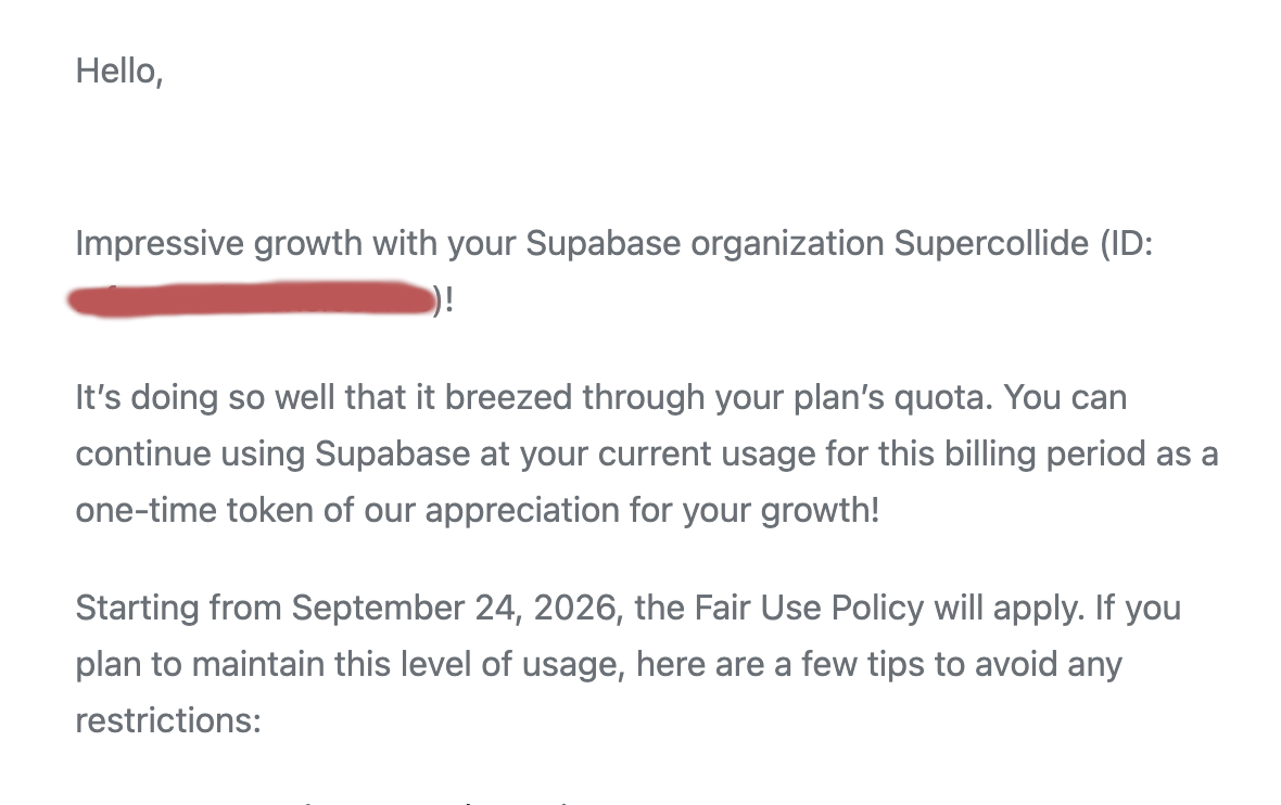 Email from Supabase congratulating Supercollide on growth and offering continued free usage