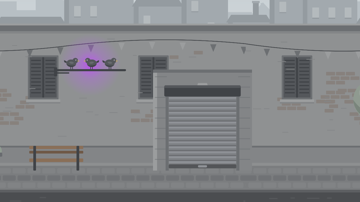 Three birds on a bracket above the closed roller shutter, surrounded by a violet glow